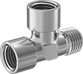 Image of Product. Female x Female x Male. Front orientation. Pipe and Fittings. High-Pressure Stainless Steel Threaded Pipe Fittings, Right Angle Tee Adapters, Male, Female, Threaded Fitting Connection, Square Body.