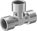 Image of Product. Female x Female x Female. Front orientation. Pipe and Fittings. High-Pressure Stainless Steel Threaded Pipe Fittings, Tee Connectors, Threaded Fitting Connection, Female, Square Body.