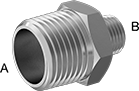 Image of Product. Male x Male. Front orientation. Contains Annotated. Pipe and Fittings. High-Pressure Stainless Steel Threaded Pipe Fittings, Straight Reducers, Male, Threaded Fitting Connection, Hex Body.