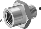 Image of Product. Female x Male. Front orientation. Contains Annotated. Pipe and Fittings. High-Pressure Stainless Steel Threaded Pipe Fittings, Straight Reducers, Threaded Fitting Connection, Female, Male, Hex Body.