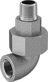 Image of Product. Female x Male. Front orientation. Pipe and Fittings. Low-Pressure Stainless Steel Threaded Pipe Fittings, Union 90° Elbow Adapters, Male, Female, Threaded Fitting Connection.