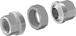 Image of Product. Female. Front orientation. Pipe and Fittings. Low-Pressure Stainless Steel Threaded Pipe Fittings, Union Straight Connectors, Threaded Fitting Connection, Female, Octagonal Body.