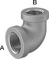 Image of Product. Female x Female. Front orientation. Contains Annotated. Pipe and Fittings. Low-Pressure Stainless Steel Threaded Pipe Fittings, 90° Elbow Reducers, Threaded Fitting Connection, Female.