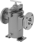 Image of Product. With Flanged Pipe Connections. Back orientation. Strainers. Bronze Basket Strainers, With Flanged Pipe Fitting Connections—Mounting Brackets, Removable Cover, and Threaded Drain with Plug.