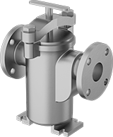 Image of Product. Front orientation. Strainers. Iron Basket Strainers, With Flanged Pipe Fitting Connections—Mounting Brackets, Removable Cover, and Threaded Drain with Plug.