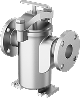 Image of Product. Front orientation. Strainers. Stainless Steel Basket Strainers, With Flanged Pipe Fitting Connections—Mounting Brackets, Removable Cover, and Threaded Drain with Plug.