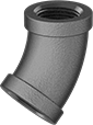 Image of Product. Female. Front orientation. Pipe and Fittings. Low-Pressure Iron and Steel Threaded Pipe Fittings, 45° Elbow Connectors, Threaded Fitting Connection, Female.