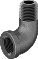 Image of Product. Female × Male. Front orientation. Pipe and Fittings. Low-Pressure Iron and Steel Threaded Pipe Fittings, 90° Elbow Adapters, Male, Female, Threaded Fitting Connection.