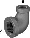 Image of Product. Female × Female. Front orientation. Contains Annotated. Pipe and Fittings. Low-Pressure Iron and Steel Threaded Pipe Fittings, 90° Elbow Reducers, Female, Threaded Fitting Connection.