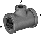 Image of Product. Female x Female x Female. Front orientation. Contains Annotated. Pipe and Fittings. Low-Pressure Iron and Steel Threaded Pipe Fittings, Inline Tee Reducers, Threaded Fitting Connection, Female.