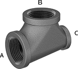 Image of Product. Female x Female x Female. Front orientation. Contains Annotated. Pipe and Fittings. Low-Pressure Iron and Steel Threaded Pipe Fittings, Right Angle Tee Reducers, Threaded Fitting Connection, Female.