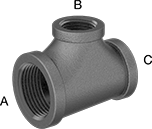 Image of Product. Female × Female × Female. Front orientation. Contains Annotated. Pipe and Fittings. Low-Pressure Iron and Steel Threaded Pipe Fittings, Dual Tee Reducers, Threaded Fitting Connection, Female.