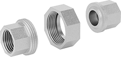 Image of Product. Female (Octogon). Front orientation. Pipe and Fittings. Low-Pressure Iron and Steel Threaded Pipe Fittings, Union Straight Connectors with Gasket, Threaded Fitting Connection, Female, Octagonal Body.