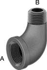 Image of Product. Female × Male. Front orientation. Contains Annotated. Pipe and Fittings. Low-Pressure Iron and Steel Threaded Pipe Fittings, 90° Elbow Reducing Adapters, Male, Female, Threaded Fitting Connection.