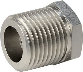 Image of Product. Front orientation. 304 Stainless Steel Threaded Pipe Fitting, High-Pressure, Bushing Adapter, 3/8 Male x 1/4 Female NPT.