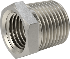 Image of Product. Back orientation. 304 Stainless Steel Threaded Pipe Fitting, High-Pressure, Bushing Adapter, 3/8 Male x 1/4 Female NPT.