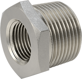 Image of Product. Back orientation. 304 Stainless Steel Threaded Pipe Fitting, High-Pressure, Bushing Adapter, 1 Male x 1/2 Female NPT.