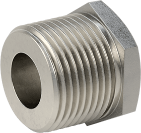 Image of Product. Front orientation. 304 Stainless Steel Threaded Pipe Fitting, High-Pressure, Bushing Adapter, 1 Male x 1/2 Female NPT.