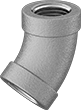 Image of Product. Female. Front orientation. Pipe and Fittings. Low-Pressure Stainless Steel Threaded Pipe Fittings, 45° Elbow Connectors, Threaded Fitting Connection, Female.