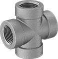 Image of Product. Female. Front orientation. Pipe and Fittings. Low-Pressure Stainless Steel Threaded Pipe Fittings, Cross Connectors, Threaded Fitting Connection, Female.
