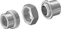 Image of System. Female. Front orientation. Exploded view. Pipe and Fittings. Medium-Pressure Stainless Steel Threaded Pipe Fittings, Union Straight Connectors, Female, Threaded Fitting Connection, Hex Body.