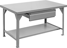 Image of Product. Stationary with Drawer and Shelf. Front orientation. Tables. Extra Heavy Duty Steel Tables, Stationary, Tables with Shelf and Drawer.