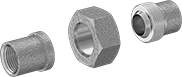 Image of System. NPT Female (Exploded View). Front orientation. Exploded view. Pipe and Fittings. Low-Pressure Aluminum Threaded Pipe Fittings, Union Straight Connectors, Threaded Fitting Connection, Female, Hex Body.