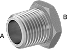 Image of Product. Male × Female. Front orientation. Contains Annotated. Pipe and Fittings. Low-Pressure Aluminum Threaded Pipe Fittings, Bushing Straight Reducing Adapters, Male, Threaded Fitting Connection, Female, Hex Body.