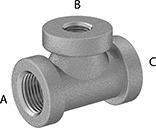 Image of Product. NPT Female. Front orientation. Contains Annotated. Pipe and Fittings. Low-Pressure Aluminum Threaded Pipe Fittings, Inline Tee Reducers, Threaded Fitting Connection, Female.