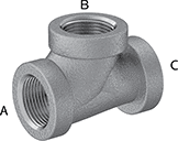 Image of Product. NPT Female. Front orientation. Contains Annotated. Pipe and Fittings. Low-Pressure Aluminum Threaded Pipe Fittings, Right Angle Tee Reducers, Threaded Fitting Connection, Female.