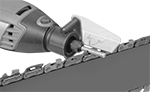 Image of ProductInUse. Guide for Chain Saws. Front orientation. Rotary Tool Sharpeners.