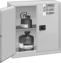 Image of ProductInUse. Stationary Cabinets with 2 Hinged Doors. Front orientation. Cabinets. Bench-Height Safety Cabinets for Flammables, Stationary—Assembled, Hinged Door, 2 Doors.