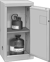 Image of ProductInUse. Stationary Cabinets with 1 Hinged Door. Front orientation. Cabinets. Bench-Height Safety Cabinets for Flammables, Stationary—Assembled, Hinged Door, 1 Door.