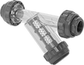 Image of Product. Back orientation. Strainers. PVC Y-Strainers, With Female Threaded and Cement-Socket-Connect Pipe Fitting Connections—Threaded Drain with Plug and Two Union End Connections.