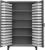 Image of Product. 144 Bins. Front orientation. Cabinets. Extra Heavy Duty Bin-Box Cabinets with Shelves, Stationary, Assembled, Total of 144 Bins.