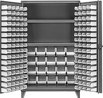 Image of Product. 164 Bins. Front orientation. Cabinets. Extra Heavy Duty Bin-Box Cabinets with Shelves, Stationary, Assembled, Total of 164 Bins.