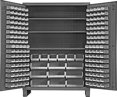Image of Product. 185 Bins. Front orientation. Cabinets. Heavy Duty Bin-Box Cabinets with Shelves, Stationary, Assembled, Total of 185 Bins.