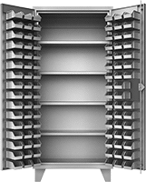 Image of Product. 94 Bins. Front orientation. Cabinets. Extra Heavy Duty Bin-Box Cabinets with Shelves, Stationary, Assembled, Total of 94 Bins.