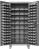 Image of Product. 126 Bins. Front orientation. Cabinets. Extra Heavy Duty Bin-Box Cabinets, Stationary, Assembled, Total of 126 Bins.