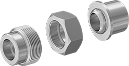 Image of System. Female. Front orientation. Exploded view. Pipe and Fittings. High-Pressure Stainless Steel Socket-Connect Pipe Fittings, Union Straight Connectors, Socket Connect, Hex Body.