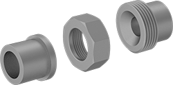 Image of System. Socket Connect (Exploded View). Front orientation. Exploded view. Pipe and Fittings. High-Pressure Iron and Steel Socket-Connect Pipe Fittings, Union Straight Connectors, Socket Connect, Hex Body.