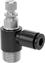 Image of Product. Front orientation. Air Flow Control Valves. Elbow Air Flow Control Valves, NPT Male Inlet × Push-to-Connect Female Outlet, Nylon Body.