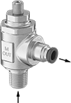 Image of Product. Front orientation. Contains Annotated. Air Flow Control Valves. Elbow Air Flow Control Valves, NPT Male Inlet × Push-to-Connect Female Outlet, Brass Body.