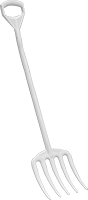 Image of Product. Plastic Scooping Pitchfork with Angled D-Handle. Front orientation. Pitchforks. Sanitary Scooping Pitchforks, Polypropylene.