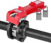 Image of ProductInUse. Style F (Padlocks Not Included). Front orientation. Lockouts. Valve Handle Lockouts, Style F.