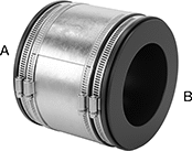 Image of Product. Pipe End × Pipe End—300 Series Stainless Steel Sleeve. Front orientation. Contains Annotated. Pipe and Fittings. Drain, Waste, and Vent PVC Clamp-On Pipe Fittings for Water, Straight Reducers, Clamp-On Female for Pipe Ends  × Clamp-On Female for Pipe Ends.