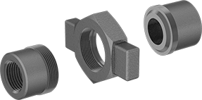 Image of System. Exploded View. Front orientation. Exploded view. Pipe and Fittings. High-Pressure Iron and Steel Threaded Pipe Fittings, Union Straight Connectors with Lugs, Threaded Fitting Connection, Female.