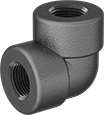 Image of Product. Female. Front orientation. Pipe and Fittings. High-Pressure Iron and Steel Threaded Pipe Fittings, 90° Elbow Connectors, Threaded Fitting Connection, Female.
