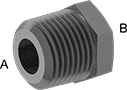 Image of Product. Male x Female. Front orientation. Contains Annotated. Pipe and Fittings. High-Pressure Iron and Steel Threaded Pipe Fittings, Bushing Straight Reducing Adapters, Male, Female, Threaded Fitting Connection, Hex Body.