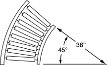 Image of Specification. Front orientation. Contains Annotated. Roller Conveyors, 45° Curved Conveyor.
